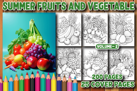 200 Summer Fruits and Vegetable V - 2 Illustration Pages et livres de coloriage pour adultes Par MN DeSign