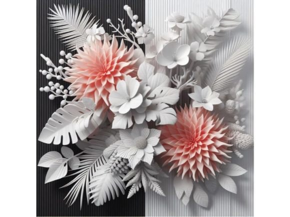 4 Tropical Coral Flowers and Leaves on B Gráfico Ilustrações em IA Por A.I Illustration and Graphics