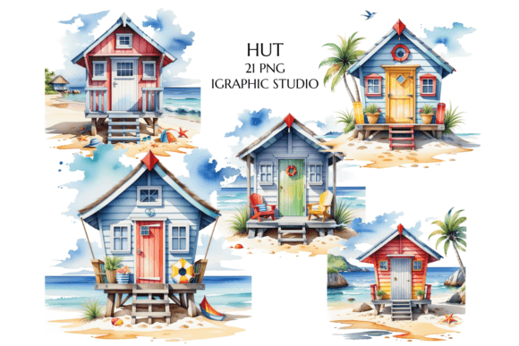 Beach Hut Clipart, Beach House PNG Gráfico Ilustraciones Imprimibles Por Igraphic Studio