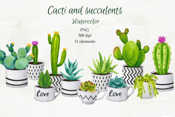 Cacti and Succulents.Watercolor Cliparts Graphic Illustrations By Watercolor_by_Alyona