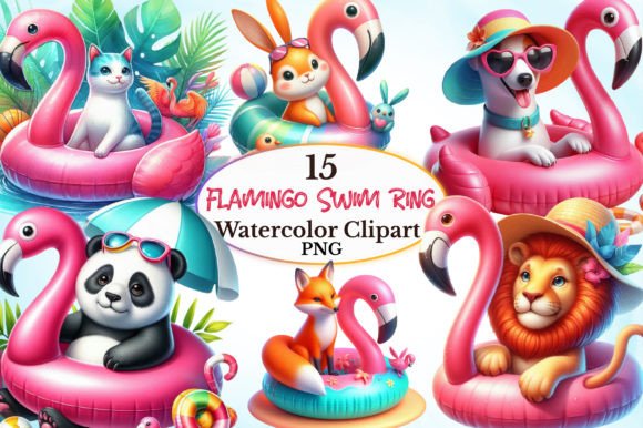 Cute Animals Flamingo Swim Ring Clipart Graphic Illustrations By craftvillage
