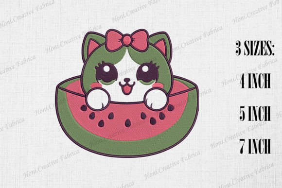 Cute Cat Peeking from Watermelon Gatos Design de Bordado Por Honi.designs