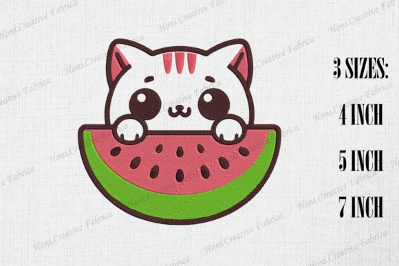 Cute Cat Peeking from Watermelon Gatos Design de Bordado Por Honi.designs