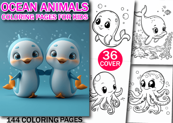 Ocean Animals Coloring Pages for Kids Grafik Ausmalseiten & Malbücher für Kinder Von Design Zone