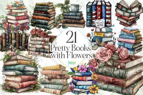 Pretty Books with Flowers Sublimation Illustration Illustrations Imprimables Par JaneCreative