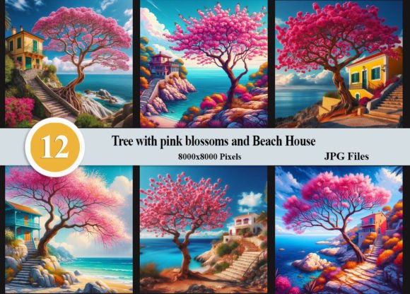 Tree with Pink Blossoms and Beach House Graphic Backgrounds By Felicitube