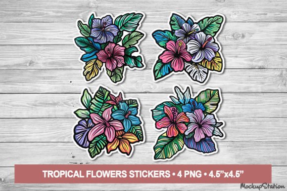 Tropical Flowers Stickers, Vacation PNG Graphic AI Transparent PNGs By Mockup Station