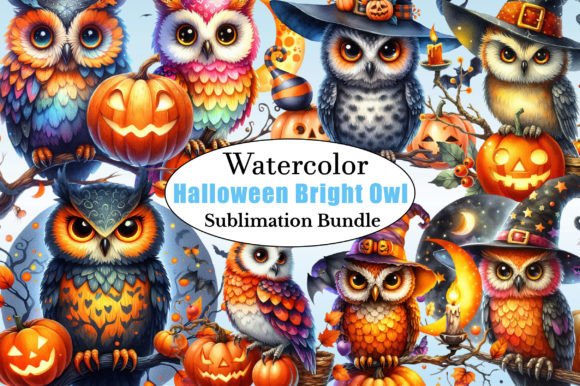 Watercolor Halloween Bright Owl Clipart Illustration Illustrations Imprimables Par CitraGraphics