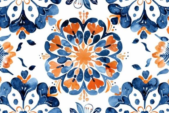 Hand Drawn Blue and Orange Spanish Tile Graphic AI Patterns By Sun Sublimation