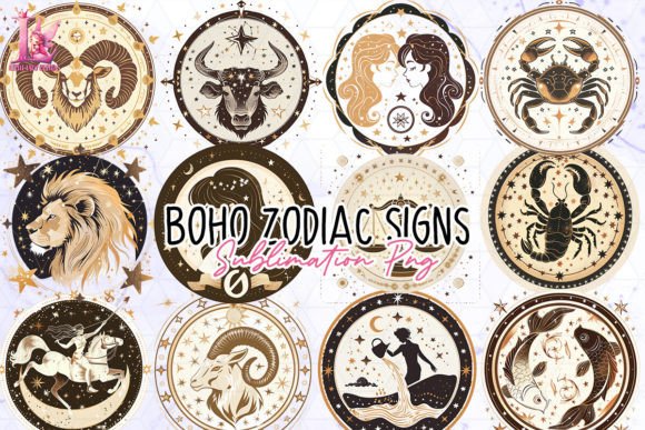 Boho Zodiac Signs Clipart PNG Graphics Graphic Illustrations By Little Lady Design