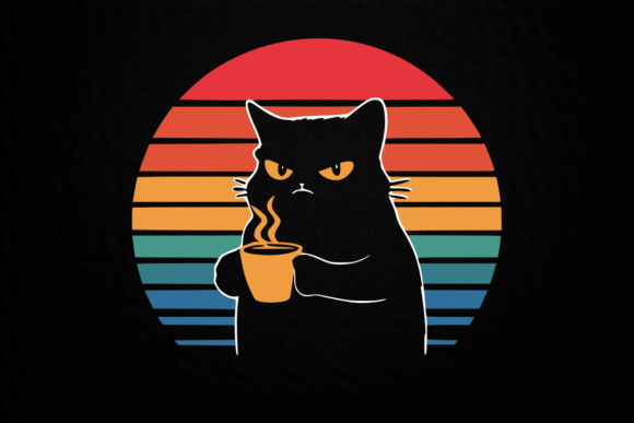 Cat Coffee Retro Sunset Grumpy Black Cat Afbeelding AI Illustraties Door basyar
