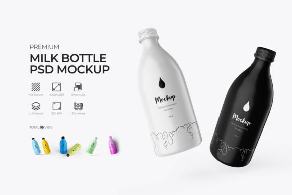 Milk Bottle Packaging Mockup Illustration Maquettes de Produits Conçues sur Mesure Par RAM Studio