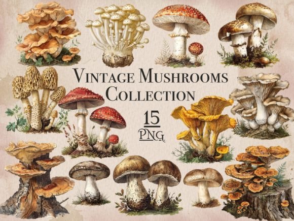 Vintage Mushroom Png Bundle Grafika Ilustracje do Druku Przez FantasyDreamWorld