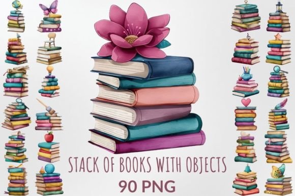 Watercolor Stack of Books with Objects Illustration Illustrations Imprimables Par DigitalCreativeDen
