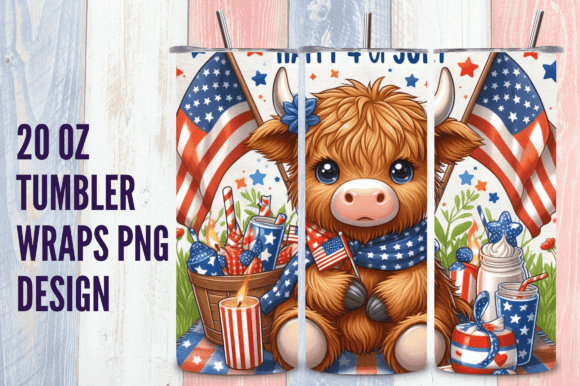 4th of July Cute Highland Cow Tumbler Gráfico Ilustrações para Impressão Por Craft Fair