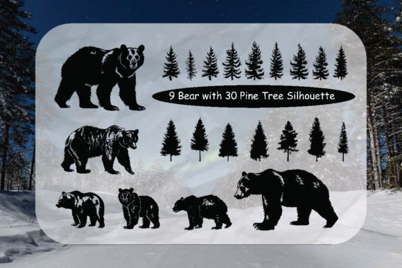 9 Bear with 30 Pine Tree Silhouette Grafik Druckbare Illustrationen Von jongcreative