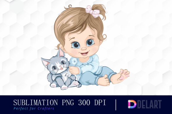 Baby Girl with Cat Blue PNG Clipart  Th Grafika Ilustracje do Druku Przez DelArtCreation
