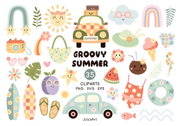 Retro Groovy Summer Clipart Gráfico Ilustraciones Imprimibles Por JulzaArt