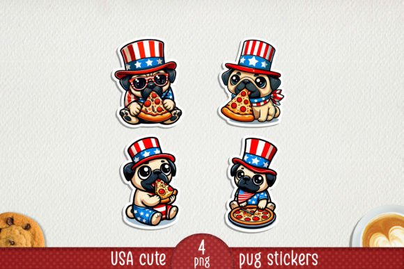 USA Patriotic Pug Printable Stickers. Graphic AI Illustrations By NadineStore
