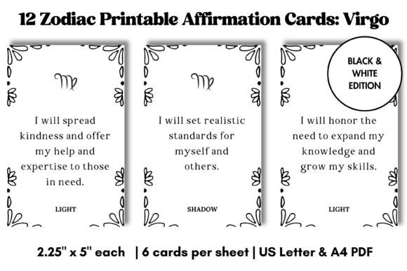 Virgo Zodiac Affirmation Cards B&W Graphic Print Templates By diyhomeprintables