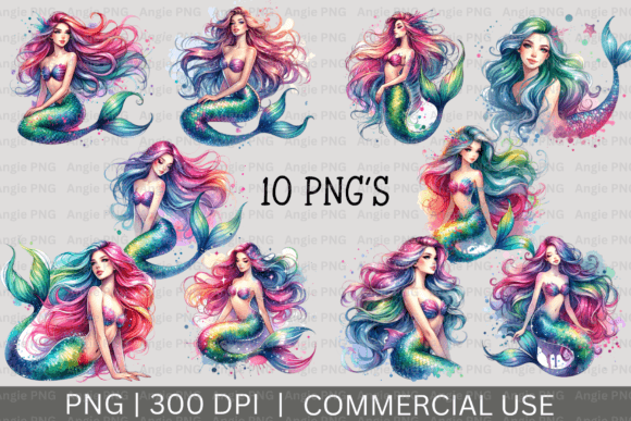 Watercolor Pastel Mermaid PNG Bundle Graphic Crafts By angela39503