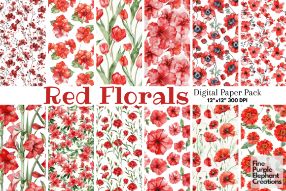 Watercolor Red Flowers Valentine Mother Graphic Patterns By finepurpleelephant