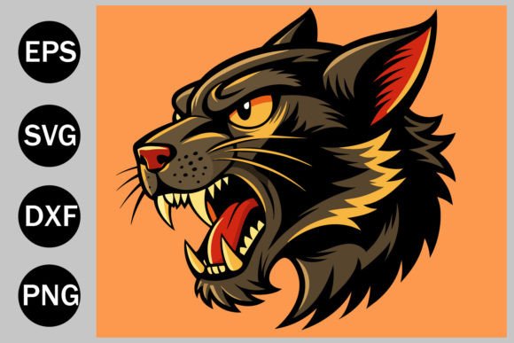 Angry Black Cat Side Profile Head in Old Graphic Illustrations By VAROT CHANDRA RAY