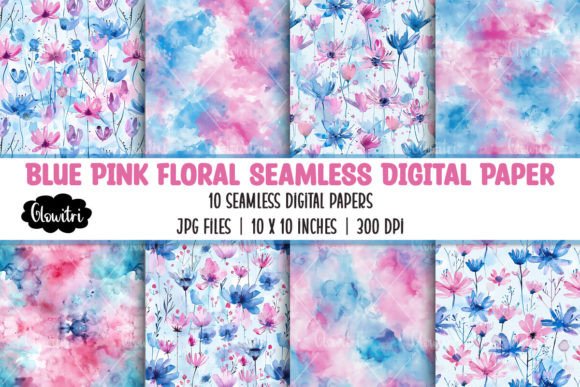 Blue Pink Floral Seamless Digital Paper Graphic Patterns By Glowitri