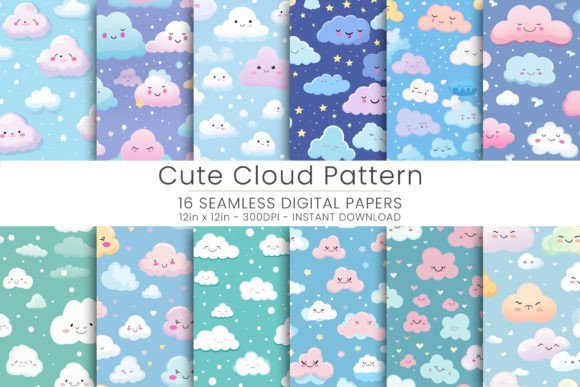 Cute Cloud Pattern Digital Paper, JPG Afbeelding Papieren Patronen Door Mehtap