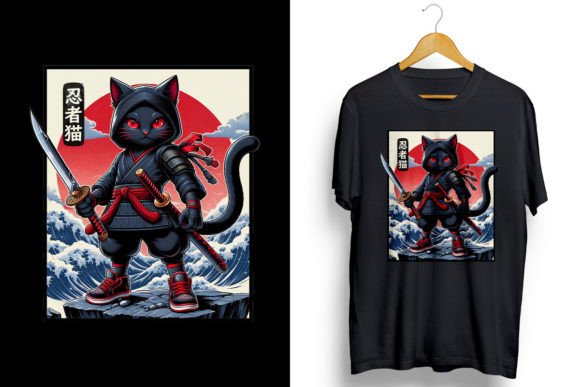 Japanese Samurai Cat PNG Sublimation Graphic T-shirt Designs By ORMCreative