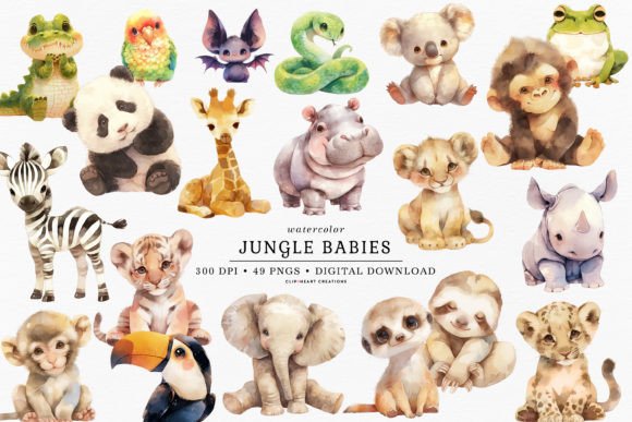 Jungle Babies Watercolor Clipart Graphic AI Illustrations By clipheartcreations
