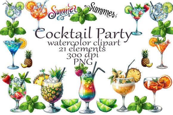 Watercolor Clipart Cocktail Party PNG Graphic Illustrations By WatercolorViktoriya