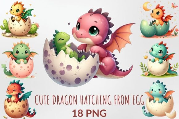 Watercolor Cute Dragon Hatching from Egg Afbeelding Afdrukbare Illustraties Door DigitalCreativeDen