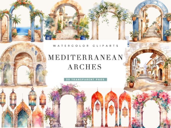 Watercolor Mediterranean Arches Clipart Grafika Ilustracje do Druku Przez busydaydesign