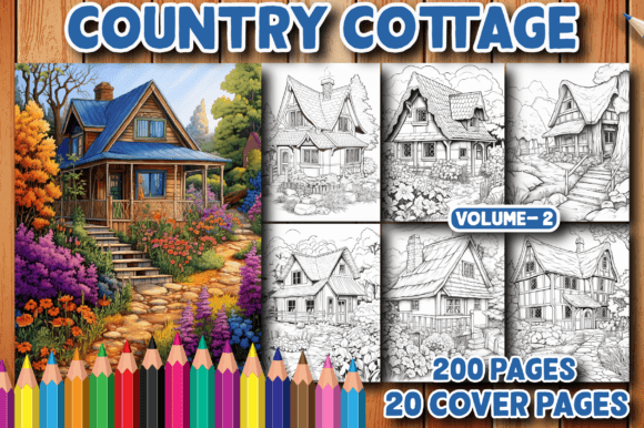 200 Country Cottage Coloring Pages V-2 Gráfico Desenhos e livros de colorir para adultos Por MN DeSign