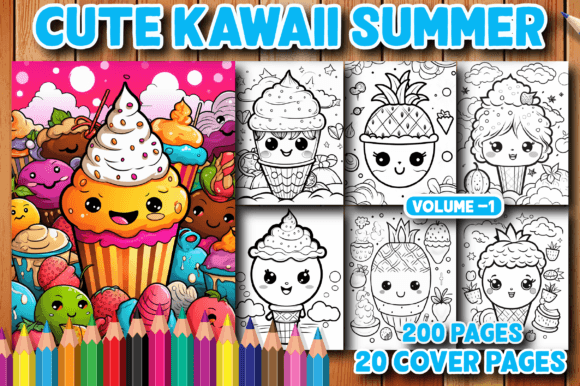 200 Cute Kawaii Summer Coloring PageV-1 Gráfico Desenhos e livros para colorir para crianças Por MN DeSign