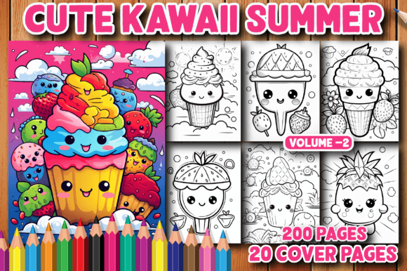 200 Cute Kawaii Summer Coloring PageV-2 Gráfico Desenhos e livros para colorir para crianças Por MN DeSign