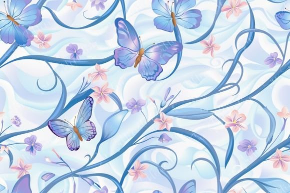 Butterflies and Floral Patterns on Blue Illustration Modèles de Papier Par Sun Sublimation