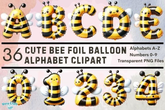 Cute Bee Foil Balloon Alphabet Clipart Gráfico PNG transparentes AI Por Vera Craft
