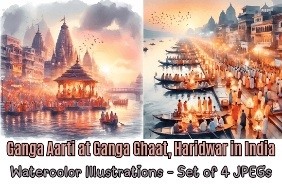 Ganga Aarti at Haridwar Watercolor JPEGs Gráfico Ilustrações em IA Por KGNgraphics.Co.
