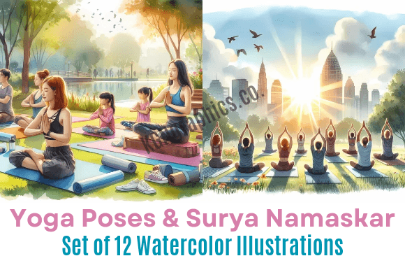 Yoga Poses Watercolor Illustrations Set Graphic AI Illustrations By KGNgraphics.Co.
