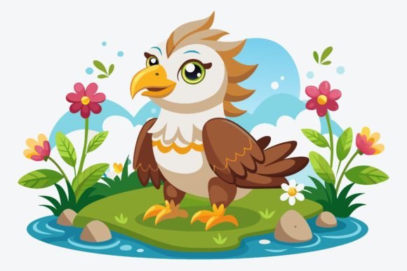 Bird Eagle Bird Cartoon with Flowers on Grafik Druckbare Illustrationen Von Design Creativega