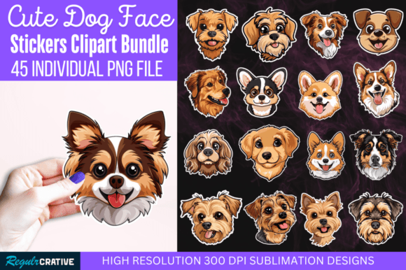 Cute Dog Face Stickers Clipart Bundle Gráfico Ilustrações para Impressão Por Regulrcrative