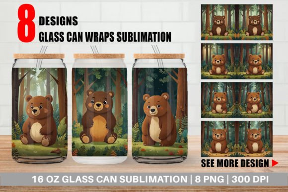 Glass Can Adorable Bear in Forest Graphic Print Templates By Artnoy