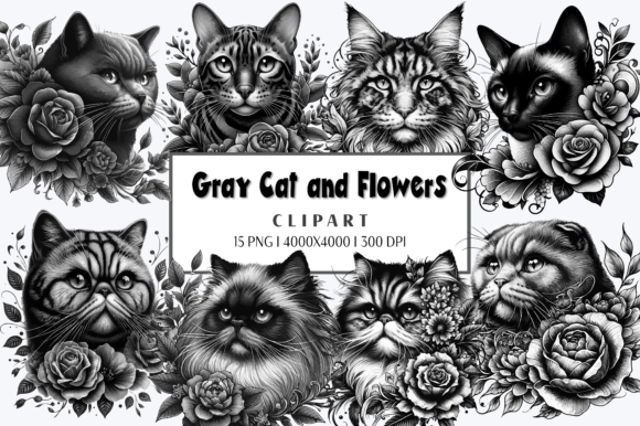 Gray Cat and Fowers Clipart Graphic Illustrations By Redsky Cat
