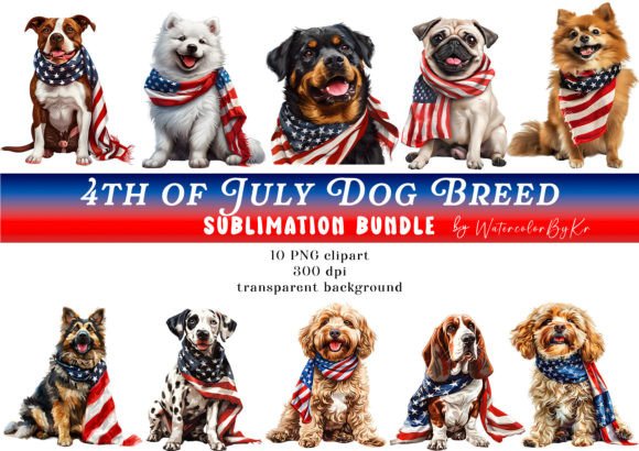 Patriotic 4th July Dog Breed Bundle Gráfico Manualidades Por WatercolorByKr
