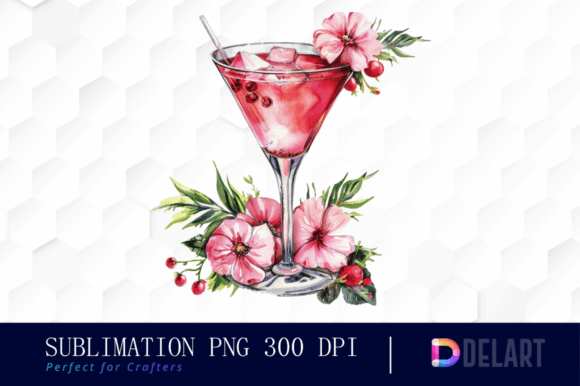 Pink Cocktail with Flowers Clipart  the Grafica Illustrazioni Stampabili Di DelArtCreation
