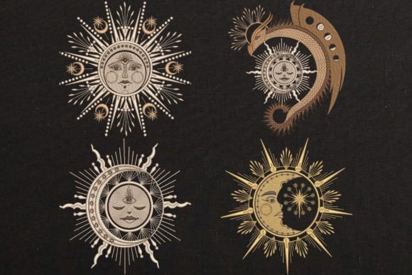 Set of 4 Sun with Face, Moon & Star Boho Embroidery Design By EmbroideryChicDesign