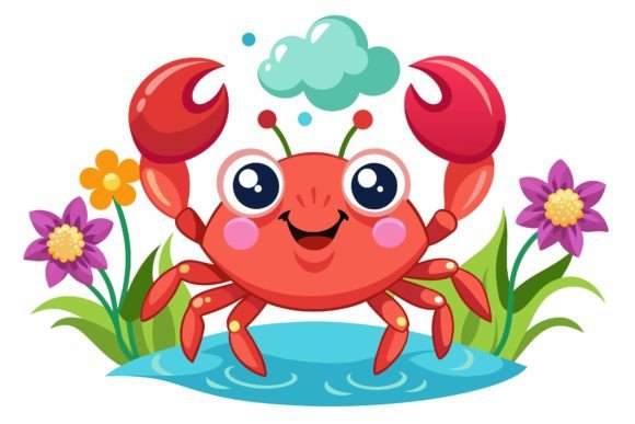 Crab Animal Cartoon with Flowers on a Graphic Illustrations By Design Creativega