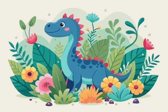Dinosaur with Flowers on a Background Graphic Illustrations By Design Creativega